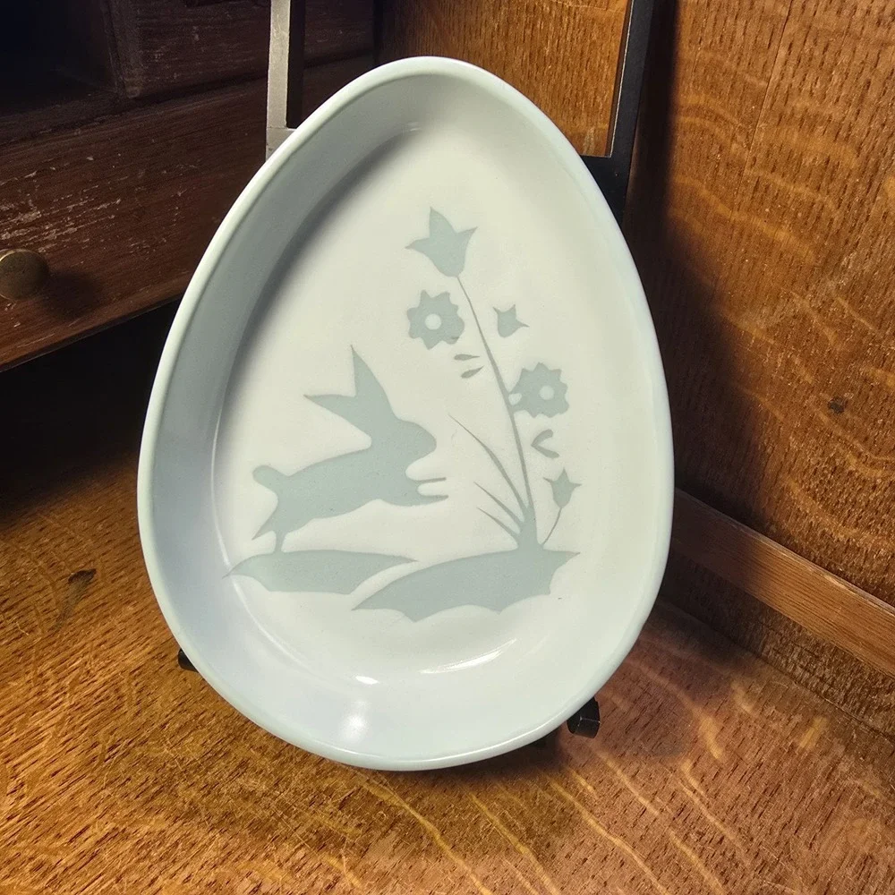 Easter Egg Shape Candy Dish Bowl Blue Ceramic Bunnies Floral Trinket